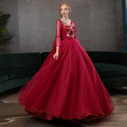 Dark Red Ball Gown Pageant Dress With Appliques