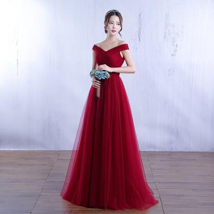 Dark Red Off Shoulder Long Tulle Formal Dress