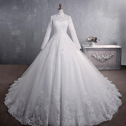 High Neck Long Sleeves Modest Bridal Dress