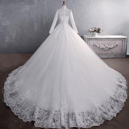 High Neck Long Sleeves Modest Bridal Dress