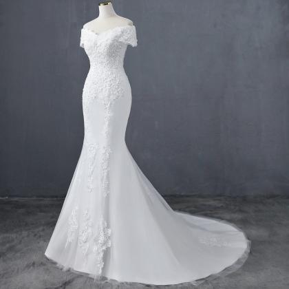 Off Shoulder Fit To Flare Wedding Dress Gown