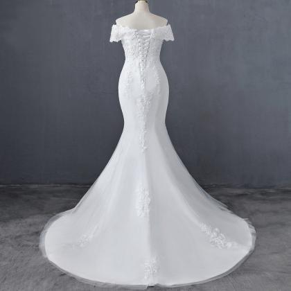 Off Shoulder Fit To Flare Wedding Dress Gown