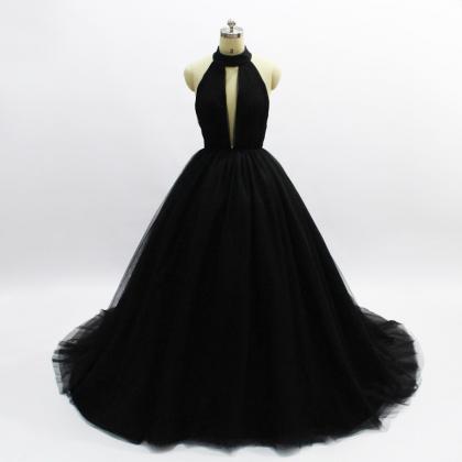 Halter Black Prom Dress With Keyhole Chest