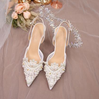 Crystal Declor White Slingback Lace Wedding Shoes