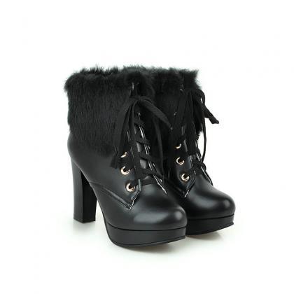 Chic Black Faux Leather Ankle Boots With Plush Fur..