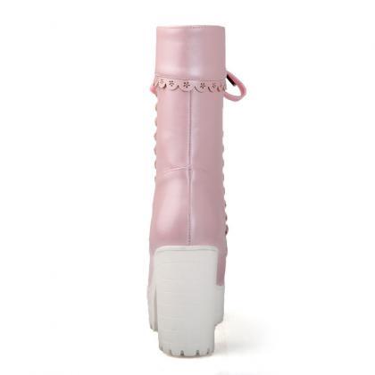 Chic Pastel Pink Lace-up Boots With Chunky Heel