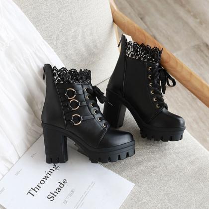Chic Lace-trimmed Chunky Heel White Ankle Boots