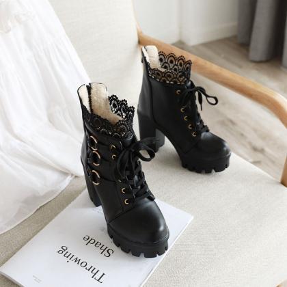 Chic Lace-trimmed Chunky Heel White Ankle Boots