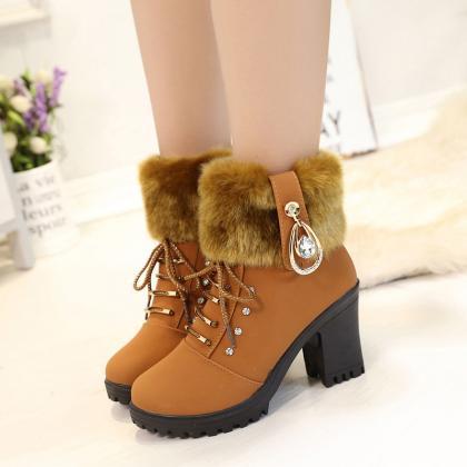 Chic Tan Faux Fur-lined Ankle Boots With Charm..