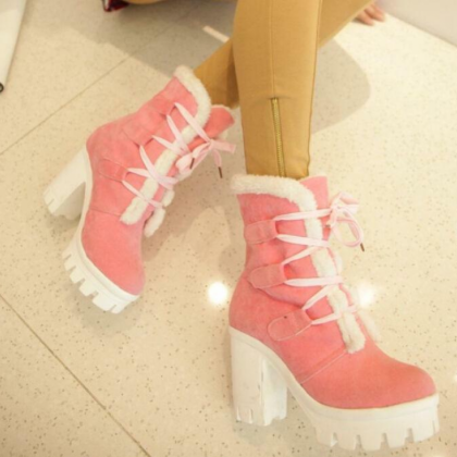 Pink Platform Winter Ankle Boots Shoes