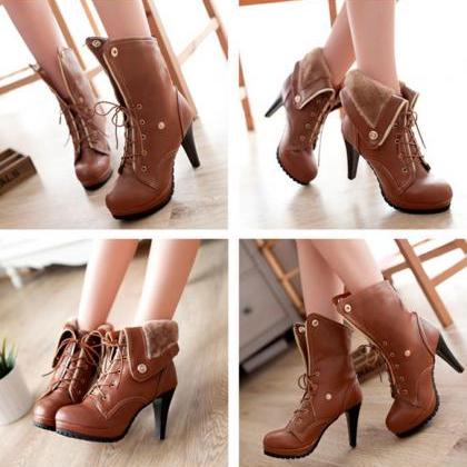 Classic Brown Lace-up Ankle Boots With Chic Fur..