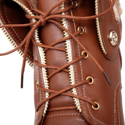 Classic Brown Lace-up Ankle Boots With Chic Fur..