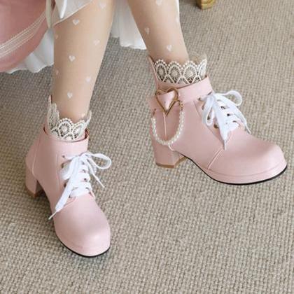 Lace Decor Block Heeled Ankle Boots