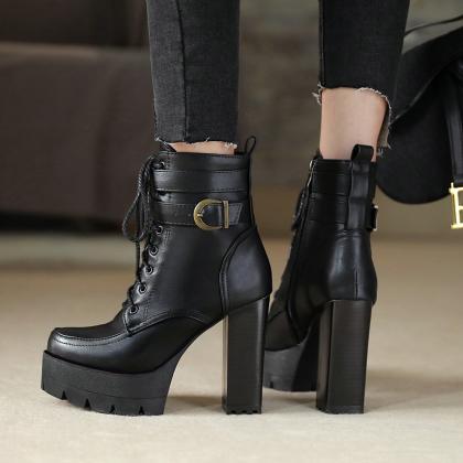 Trend4us Luxe Suede Embroidered Lace-Up Platform Boots