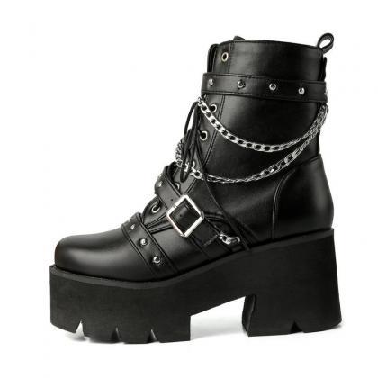 Chian Decor Punk Style Black Platform Ankle Boots