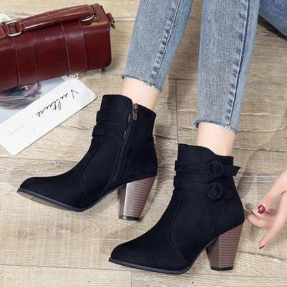 Side Zipper Suedette Chunky Heeled Ankle Boots