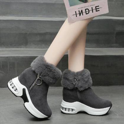 Faux Fur Zip Side Wedge Sole Ankle Boots