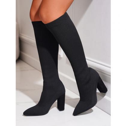 Knee Length Knit Sock Chunky Heel Booties