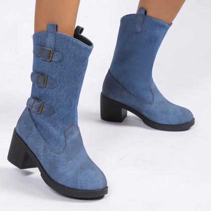 Mid Calf Jeans Women Boots