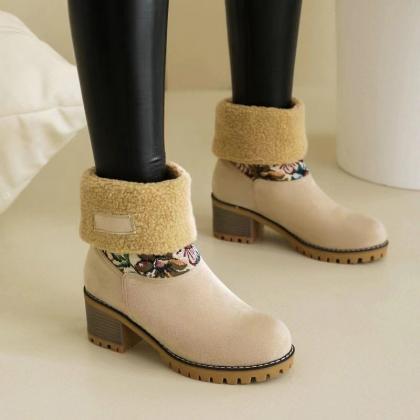 Floral Emboidery Chunky Heel Mid Calf Boots