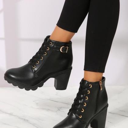 Leather-look Chunky Heeled Ankle Boots In Black