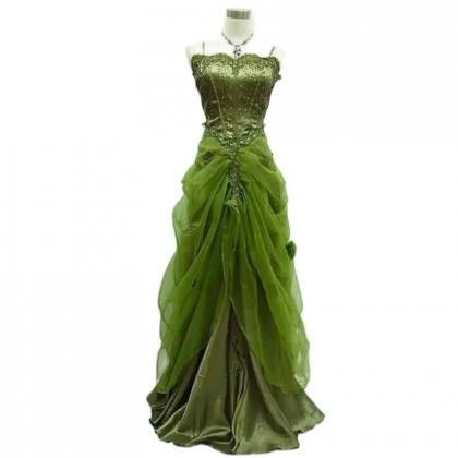 Spaghetti Straps Vintage Green Party Dress With..