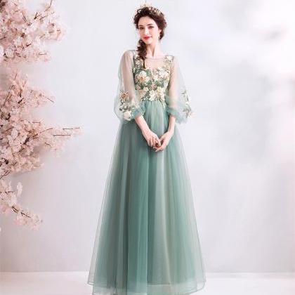Latern Sleeves Sage Green Long Formal Occasion..