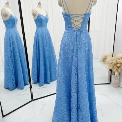 Blue Lace Prom Dress With Tie Back