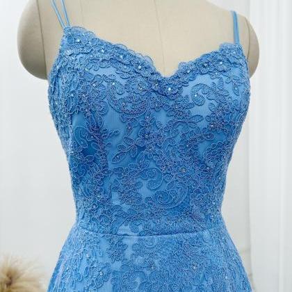 Blue Lace Prom Dress With Tie Back