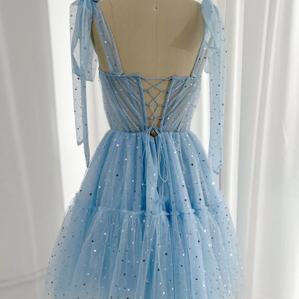 Blue Glitter Tulle Hoco Party Dress