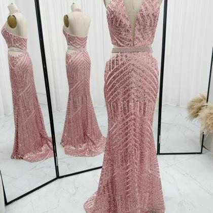 Halter Pink Sequin Sheath Prom Dress With Brush..