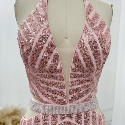 Halter Pink Sequin Sheath Prom Dress With Brush..