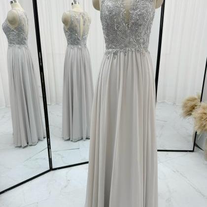 Floor Length Silver Chiffon Prom Dress