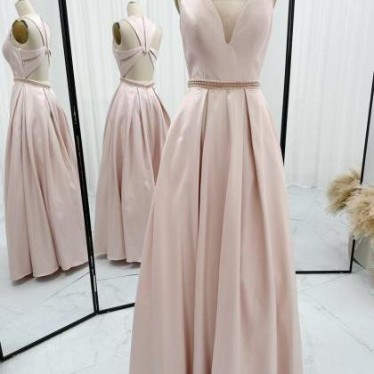 Apricot Pink Satin Prom Dress