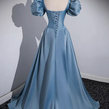 Puffy Sleeves Dusty Blue Satin Princess Dress