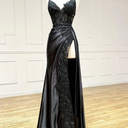 V Neck Black Sheath Prom Dress With High Slit