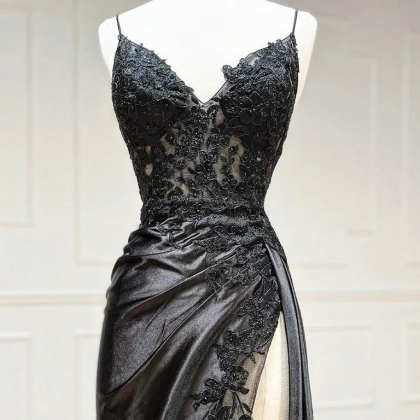 V Neck Black Sheath Prom Dress With High Slit