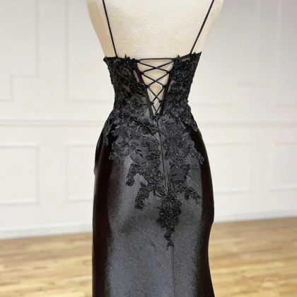 Vintage Fashion Sheath Straps Black Slit Floor Length Evening Dress Prom Dresses