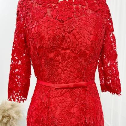 Half Sleeves Red Lace Formal Occasion Dress Long..