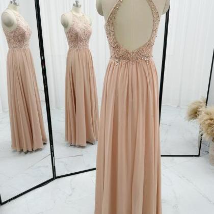 Floor Length Chiffon Champagne Prom Dress