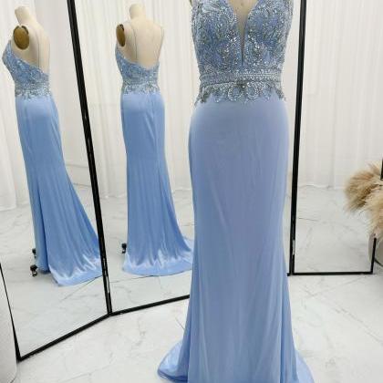 Plunging Neck Blue Sheath Prom Dress With Beaded..