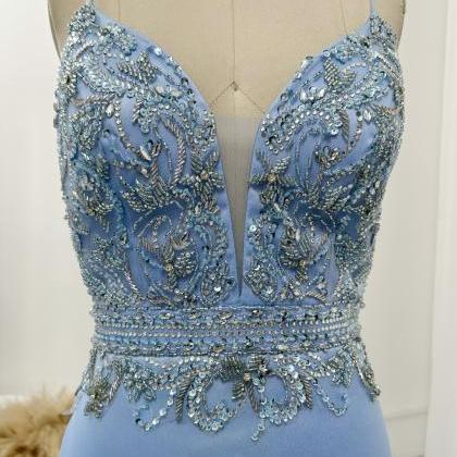 Plunging Neck Blue Sheath Prom Dress With Beaded..
