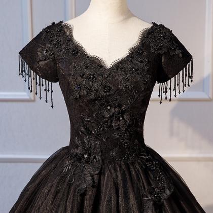 Short Sleeves Black Ball Gown Pageant Dress