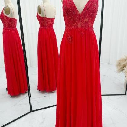 V Neck Floor Length Red Chiffon Prom Dress