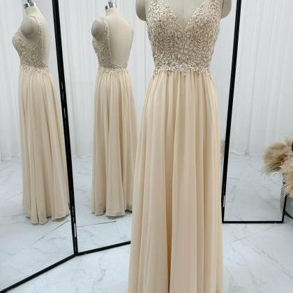 Floor Length Apricot Chiffon Prom Dress