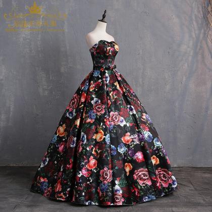 Sweetheart Neckline Floral Print Ball Gown Pageant..