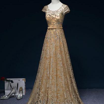 Cap Sleeves Glitter Gold Long Formal Occasion..