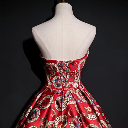 Strapless Red Print Ball Gown Pageant Dress