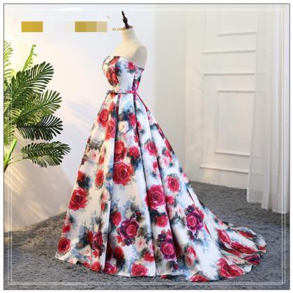 Strapless Print Prom Dress With Train