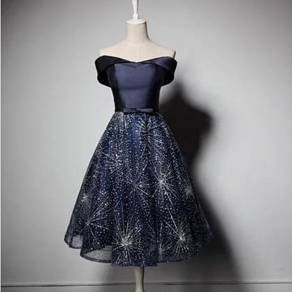 Off Shoulder Sparkle Navy Short Homecoming Party..